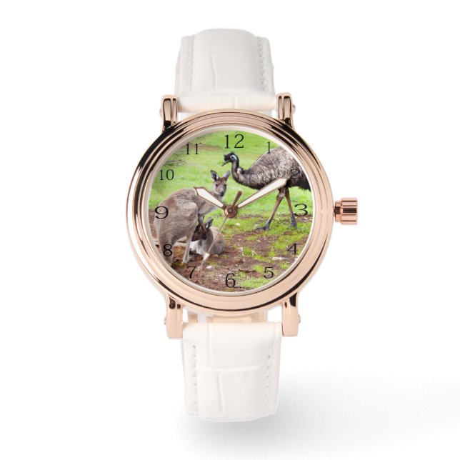 Reloj De Pulsera Llamadas Improbables: Australiano Kangaroo Y Emu, (Anverso)