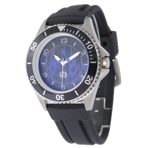 Reloj De Pulsera Llamas azules de las Carreras del monograma en la