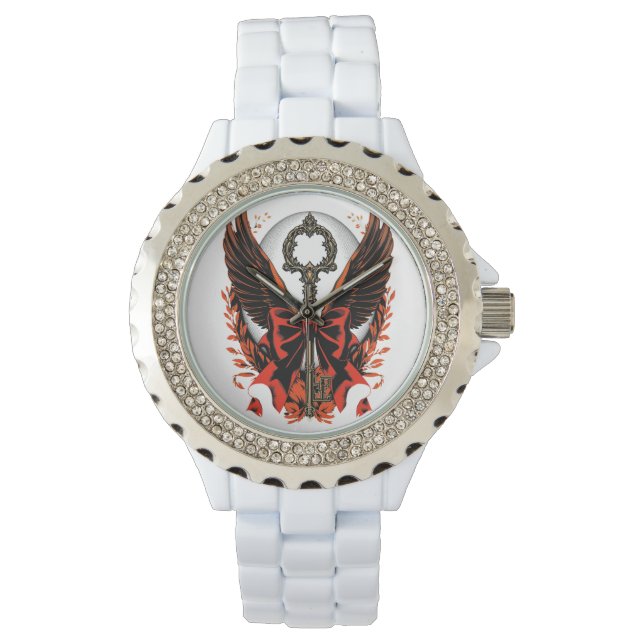 Reloj De Pulsera Llave de vaca de terciopelo gótico con alas y luna (Anverso)