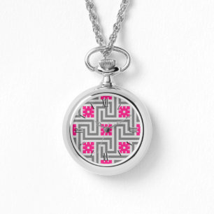 Reloj De Pulsera Llave griega decorativa, rosa gris/gris y fucsia