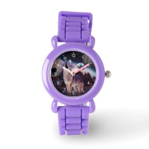 Reloj De Pulsera Lobo aullando a través del universo