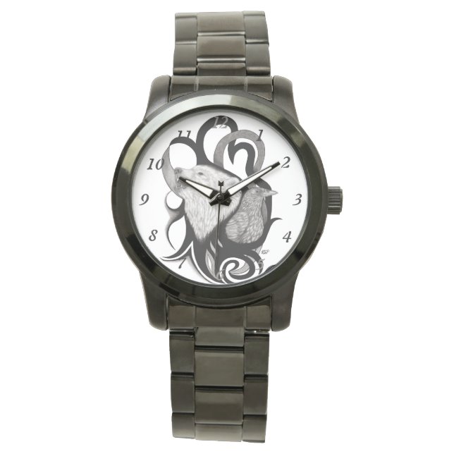 Reloj De Pulsera Lobo blanco con arte tribal de Raven (Anverso)