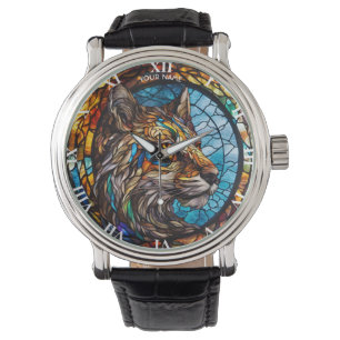 Reloj De Pulsera Lobo de vidrio manchado de fantasía