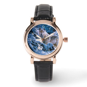 Reloj De Pulsera Lobo en la pintura del bosque invernal