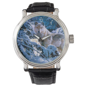 Reloj De Pulsera Lobo en la pintura del bosque invernal