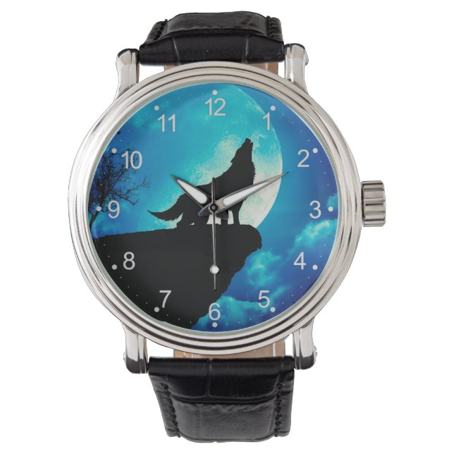 Reloj De Pulsera Lobo en silueta aúllando a la luna llena (Anverso)
