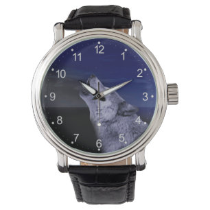 Reloj De Pulsera Lobo gritando en la luna en el mar