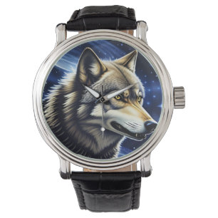 Reloj De Pulsera Lobo Majestuoso Bajo Cielo Estrellado