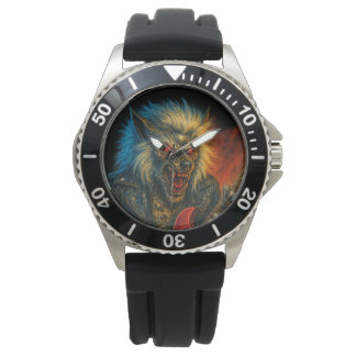 Reloj De Pulsera Lobo Metalizado pesado tocando guitarra