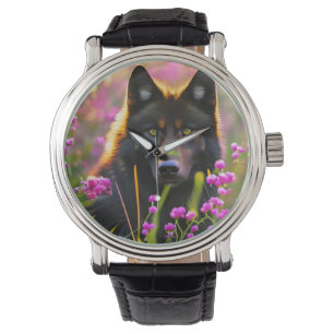 Reloj De Pulsera lobo negro con flores rosadas