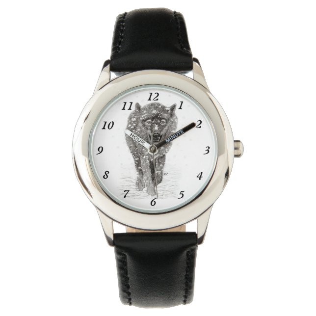 Reloj De Pulsera Lobo negro enojado en la nieve, invierno salvaje (Anverso)