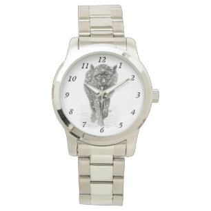 Reloj De Pulsera Lobo negro enojado en la nieve, invierno salvaje