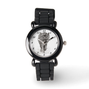 Reloj De Pulsera Lobo negro enojado en la nieve, invierno salvaje