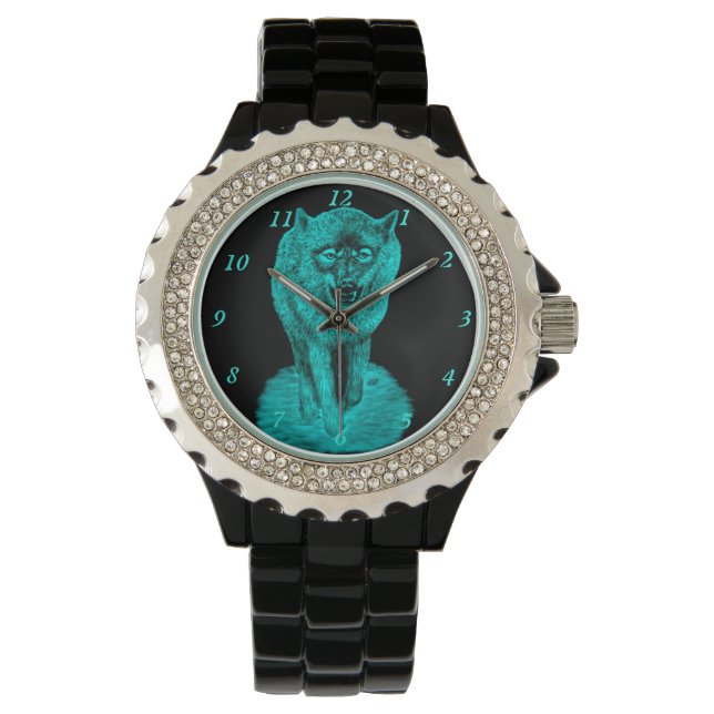 Reloj De Pulsera Lobo negro enojado en la noche (Anverso)