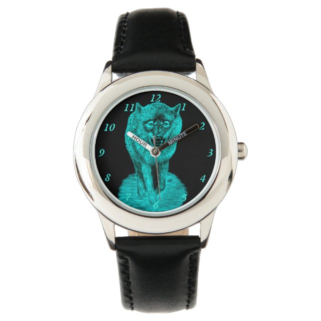 Reloj De Pulsera Lobo negro enojado en la noche (Anverso)