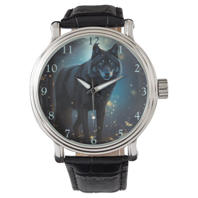 Reloj De Pulsera Lobo negro oscuro y misterioso (Anverso)