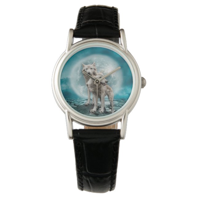 Reloj De Pulsera Lobos blancos y luna (Anverso)