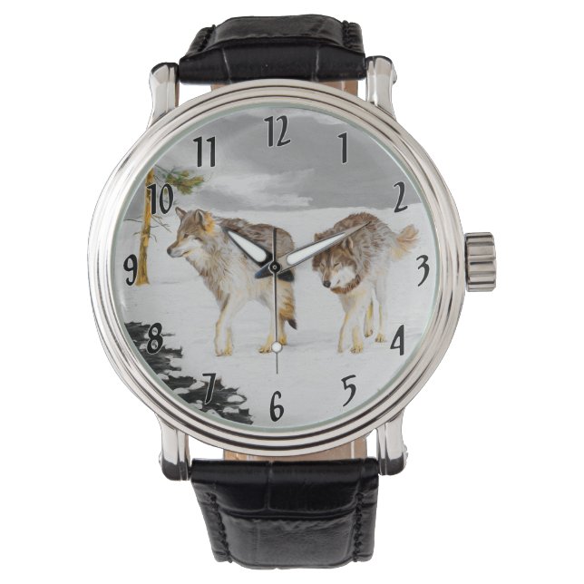 Reloj De Pulsera Lobos en pintura de nieve - Arte de vida salvaje o (Anverso)