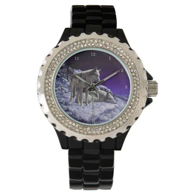 Reloj De Pulsera Lobos grises en la nieve de invierno de noche (Anverso)