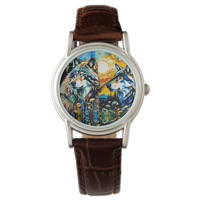 Reloj De Pulsera Lobos grises y flores silvestres (Anverso)