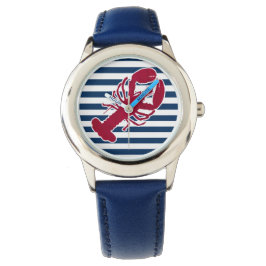 Reloj De Pulsera Lobster Rojo Náutico Monograma Banda Blanca Azul