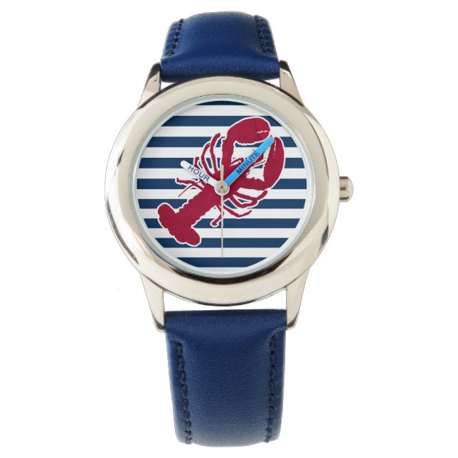 Reloj De Pulsera Lobster Rojo Náutico Monograma Banda Blanca Azul (Anverso)