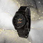 Reloj De Pulsera Logo clásico de negocios en oro negro<br><div class="desc">Un elegante fondo negro clásico. Personalice y añada su negocio,  el logotipo de la empresa. Números de reloj dorados.</div>