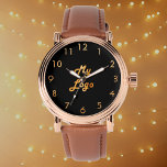 Reloj De Pulsera Logo clásico de negocios en oro negro<br><div class="desc">Un elegante fondo negro clásico. Personalice y añada su negocio,  el logotipo de la empresa. Números de reloj dorados.</div>