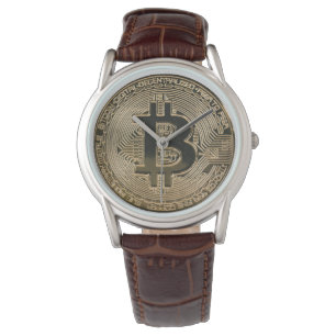 Reloj De Pulsera Logo de bitcoin de oro digital clásico cuero marró