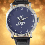 Reloj De Pulsera Logo de negocios en blanco azul de la marina<br><div class="desc">Añada su propio logotipo comercial. Un fondo azul marino. Ideal para promocionar su negocio y su marca. Número de la cara del reloj blanco.</div>