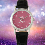 Reloj De Pulsera Logo del negocio blanco rosa magenta<br><div class="desc">Añada su propio logotipo comercial. Mageta de moda,  fondo rosa oscuro. Ideal para promocionar su negocio y su marca. Número de la cara del reloj blanco.</div>