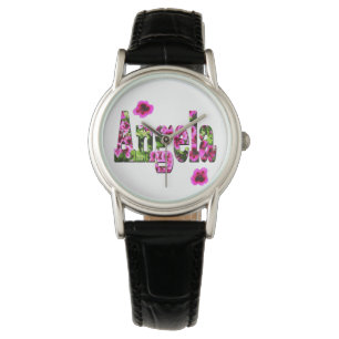 Reloj De Pulsera Logotipo de nombre de Angela floral rosa,