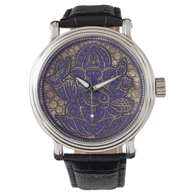 Reloj De Pulsera Lord Ganesha Dot Art Purples and Gold (Anverso)
