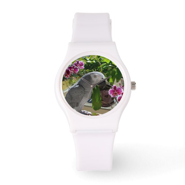 Reloj De Pulsera Loro gris africano con orquídeas (Anverso)