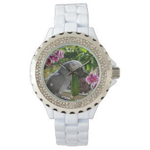 Reloj De Pulsera Loro gris africano con orquídeas