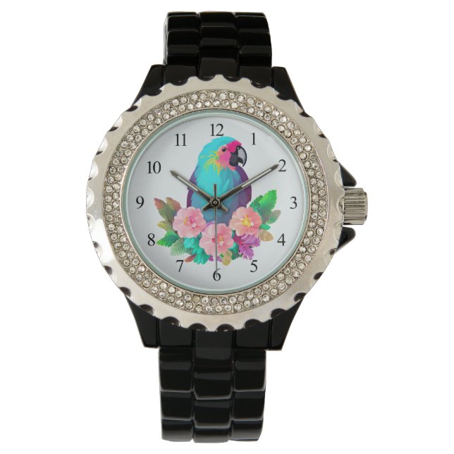 Reloj De Pulsera Loro tropical azul con flores tropicales (Anverso)