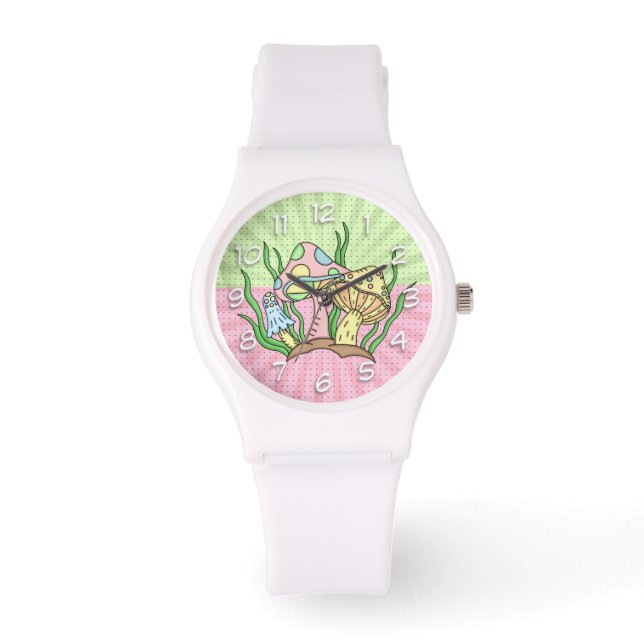 Reloj De Pulsera Los hongos retro mágicos rosa y amarillo (Anverso)
