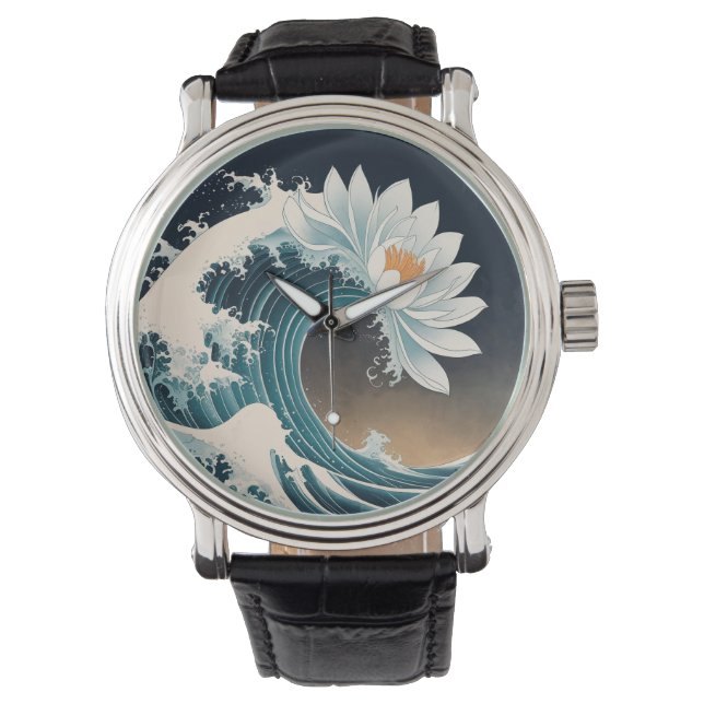 Reloj De Pulsera Loto blanco y ola oceánica - Elegancia en movimien (Anverso)