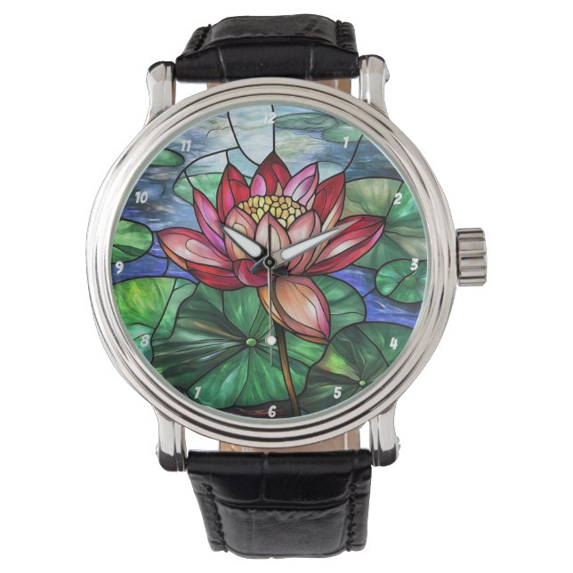 Reloj De Pulsera Lotus Floral Pond Stained Glass (Anverso)
