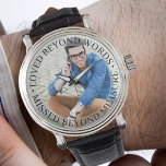 Reloj De Pulsera Loved Beyond Words (Me encanta más allá de las pal<br><div class="desc">Recuerde el reloj de fotos (o personalice lo que desee). La plantilla está configurada para que agregue su propia foto y también puede editar todo el texto si lo desea. El texto se encuentra sobre un borde semitransparente sobre la foto. El texto de la muestra dice "amado más allá de...</div>