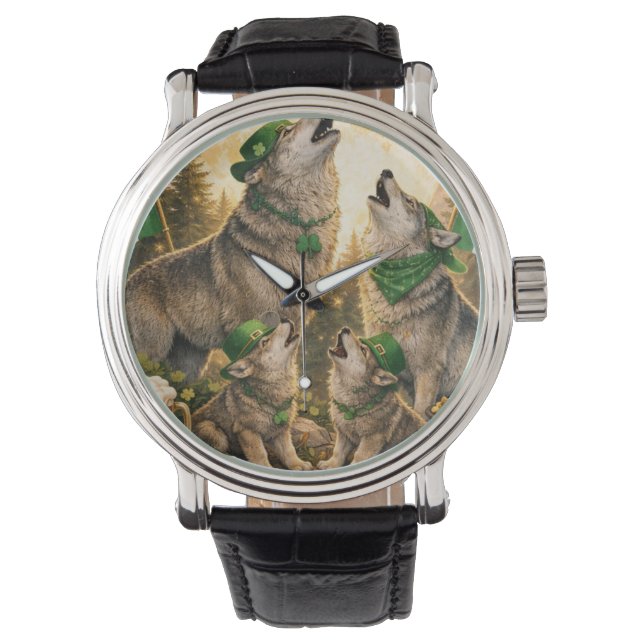 Reloj De Pulsera Lucky Wolf Pack – St. Patrick’s Day Family Howling (Anverso)