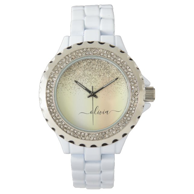 Reloj De Pulsera Lujo Moderno Glitter Dorado Nombre Monograma Chica (Anverso)