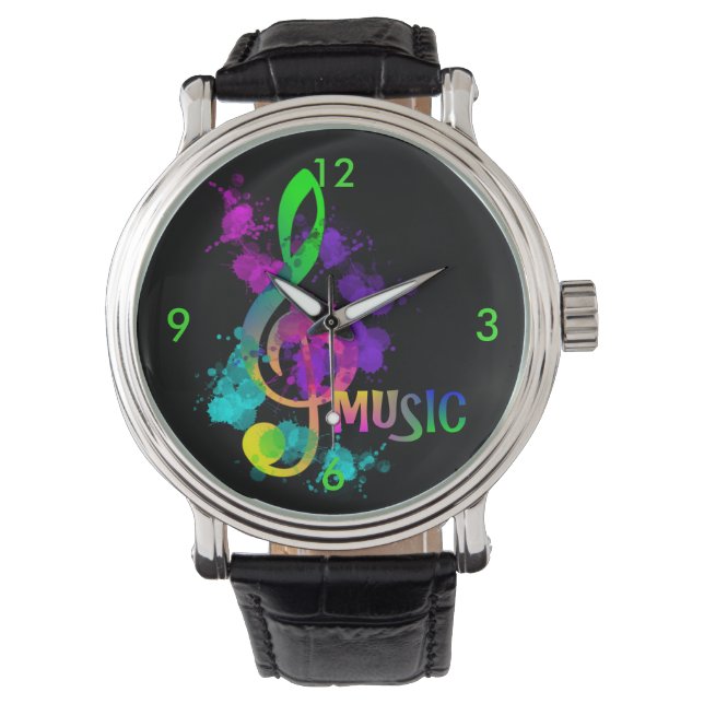 Reloj De Pulsera Luminoso arcoiris Treble Clef Music Paint Splatt (Anverso)
