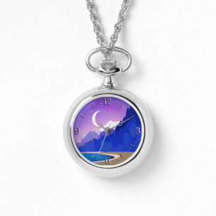 Reloj De Pulsera Luna Crescent, Lago y Montañas en Violeta y Azul