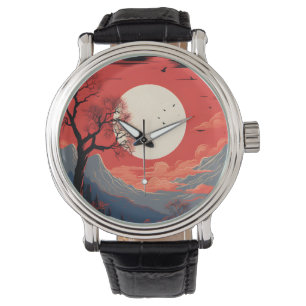 Reloj De Pulsera Luna Etérea En Un Cielo Rojo Sobre Las Montañas