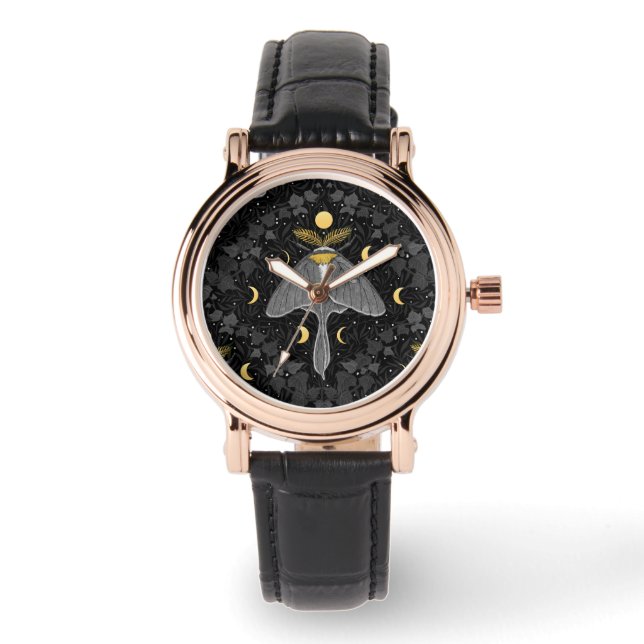 Reloj De Pulsera Luna, fases lunares y patrón de damasco de hiedra (Anverso)