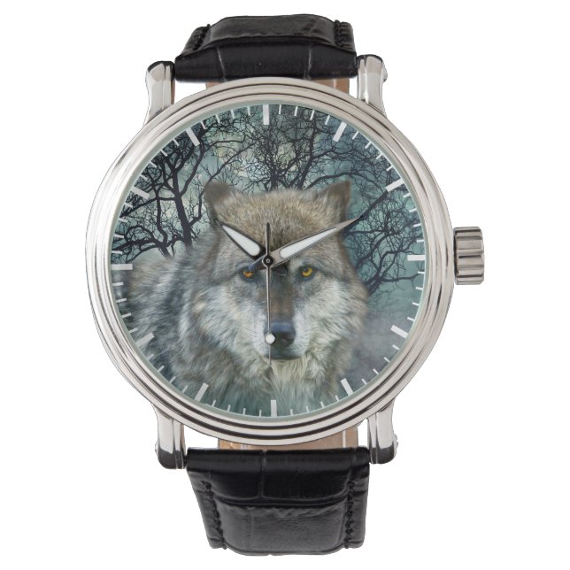 Reloj De Pulsera Luna llena de lobo en niebla (Anverso)