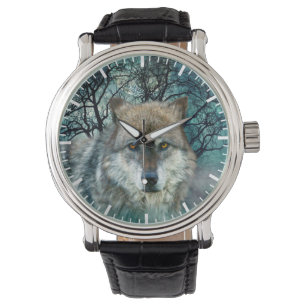 Reloj De Pulsera Luna Llena del lobo en niebla