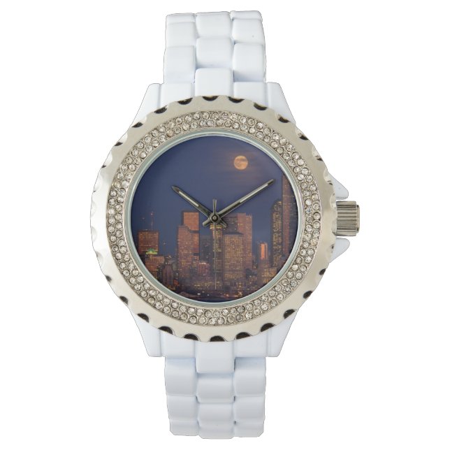 Reloj De Pulsera Luna llena elevándose sobre el centro de la ciudad (Anverso)