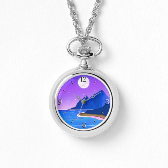 Reloj De Pulsera Luna, mar de estrellas y montañas en violeta y azu (Anverso)